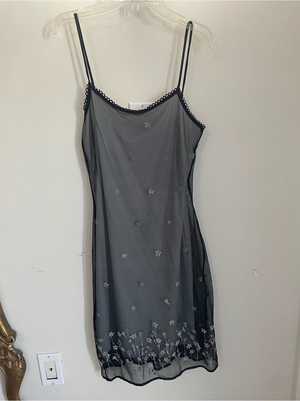 Star Embroidered Black Sheer Midi Slip Dress